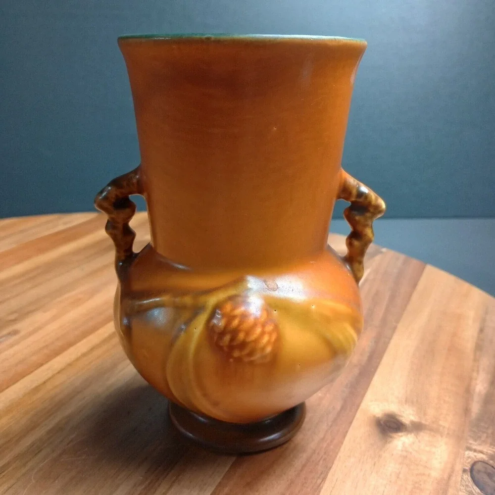 Vintage Roseville Pine Cone Brown Art‎ Pottery Handled Ceramic Vase 839-6